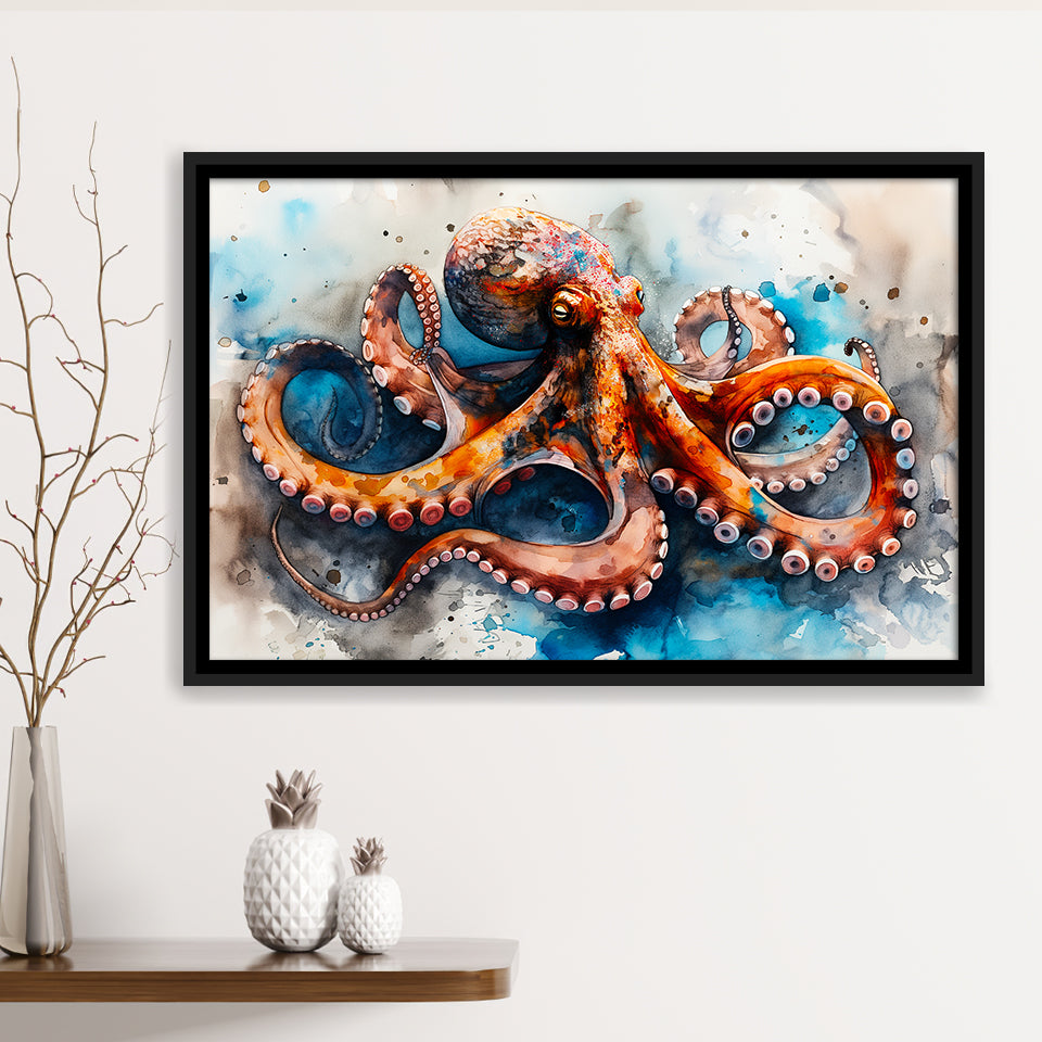 Octopus Watercolor Painting Mixed Color V1, Framed Canvas Painting, Framed Canvas Prints Wall Art Decor