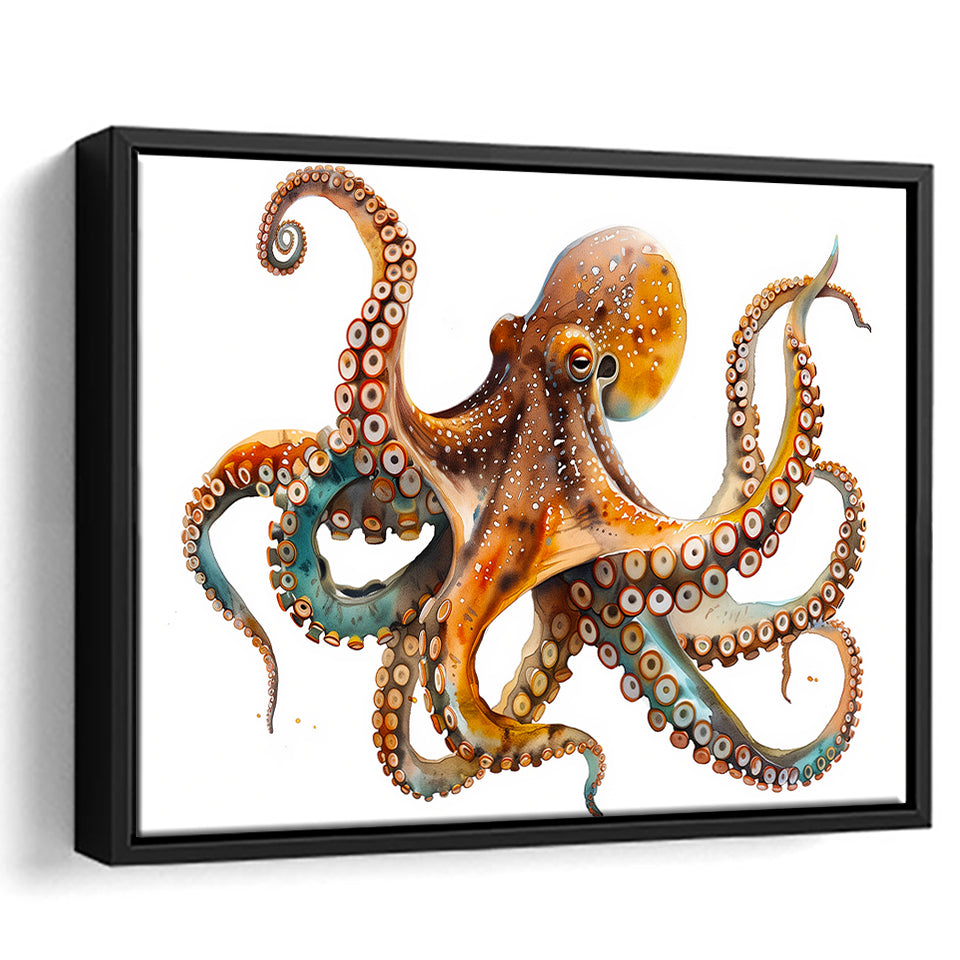 Octopus Watercolor Painting V2, Framed Canvas Painting, Framed Canvas Prints Wall Art Decor