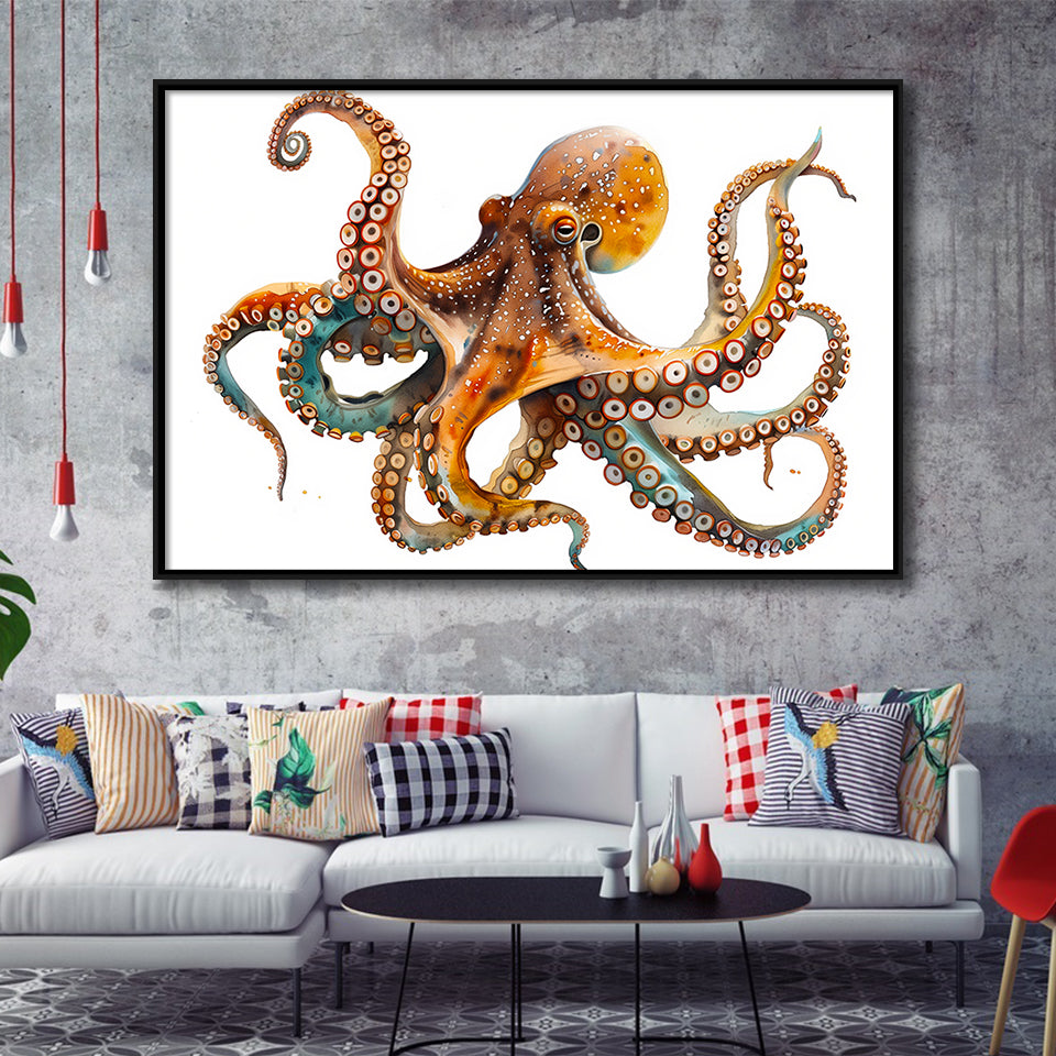 Octopus Watercolor Painting V2, Framed Canvas Painting, Framed Canvas Prints Wall Art Decor