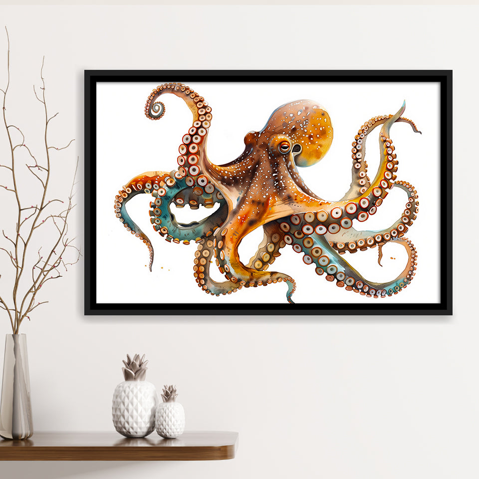 Octopus Watercolor Painting V2, Framed Canvas Painting, Framed Canvas Prints Wall Art Decor