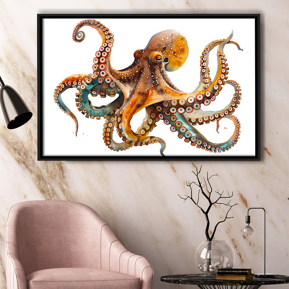 Octopus Watercolor Painting V2, Framed Canvas Painting, Framed Canvas Prints Wall Art Decor