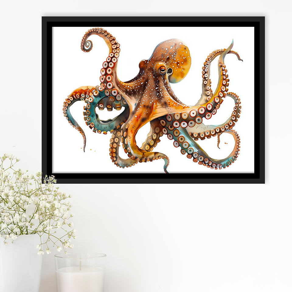 Octopus Watercolor Painting V2, Framed Canvas Painting, Framed Canvas Prints Wall Art Decor