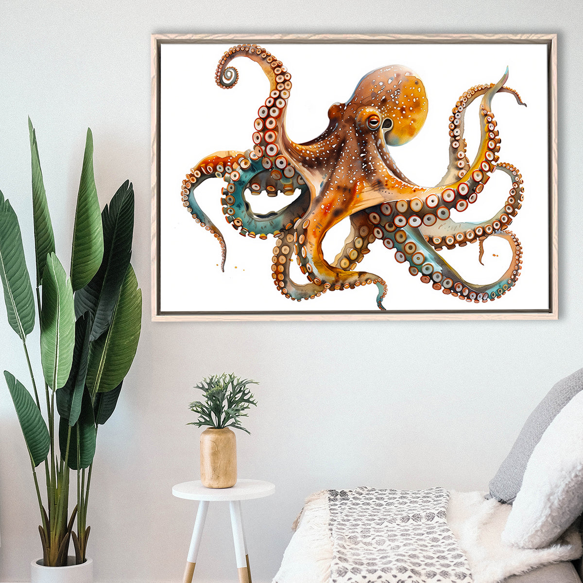 Octopus Watercolor Painting V2, Framed Canvas Painting, Framed Canvas Prints Wall Art Decor