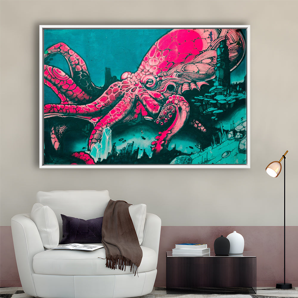 Octopus Graffiti Street Art Octopus Large Octopus Art, Framed Canvas Print Wall Art, Floating Frame