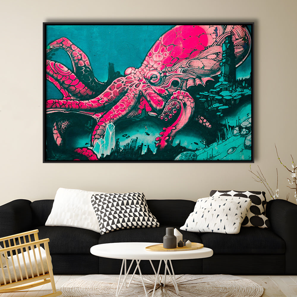 Octopus Graffiti Street Art Octopus Large Octopus Art, Framed Canvas Print Wall Art, Floating Frame