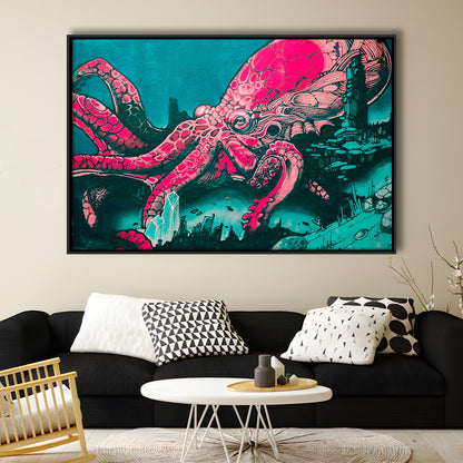 Octopus Graffiti Street Art Octopus Large Octopus Art, Framed Canvas Print Wall Art, Floating Frame