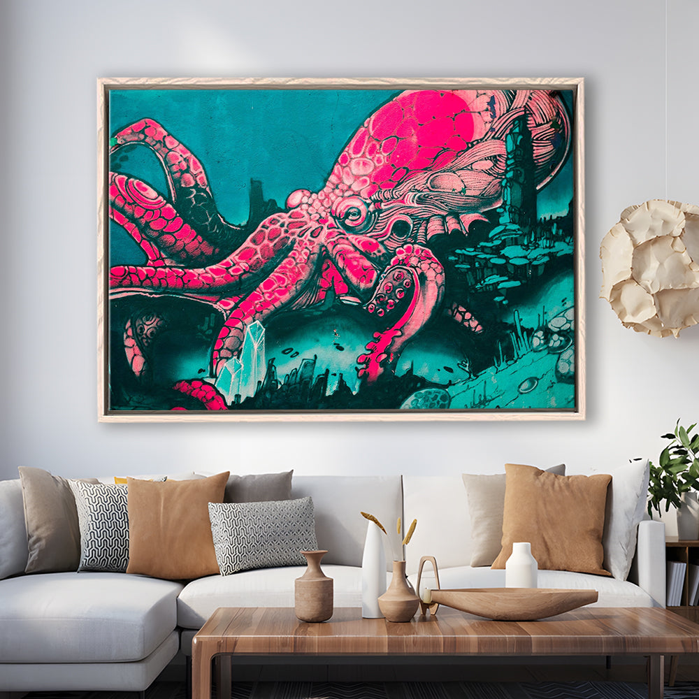 Octopus Graffiti Street Art Octopus Large Octopus Art, Framed Canvas Print Wall Art, Floating Frame