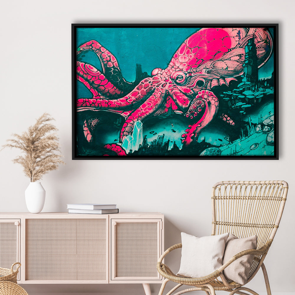 Octopus Graffiti Street Art Octopus Large Octopus Art, Framed Canvas Print Wall Art, Floating Frame