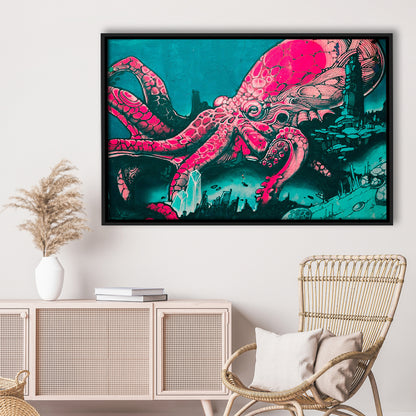 Octopus Graffiti Street Art Octopus Large Octopus Art, Framed Canvas Print Wall Art, Floating Frame