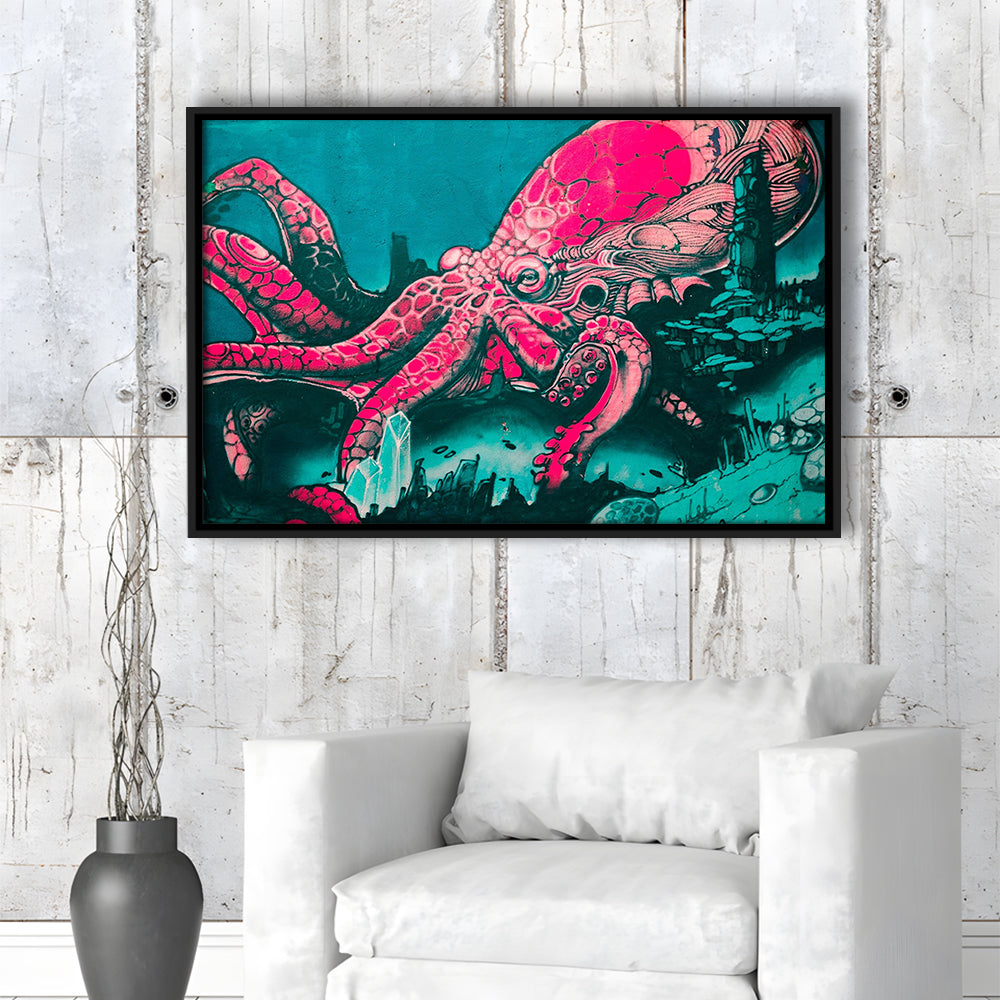 Octopus Graffiti Street Art Octopus Large Octopus Art, Framed Canvas Print Wall Art, Floating Frame