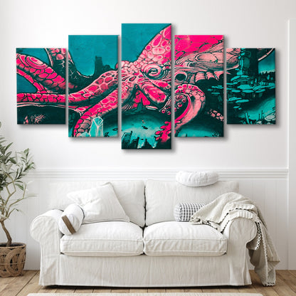 Octopus graffiti street art Octopus Large octopus art, 5 Panel Mixed Canvas Print Wall Art, Large Canvas
