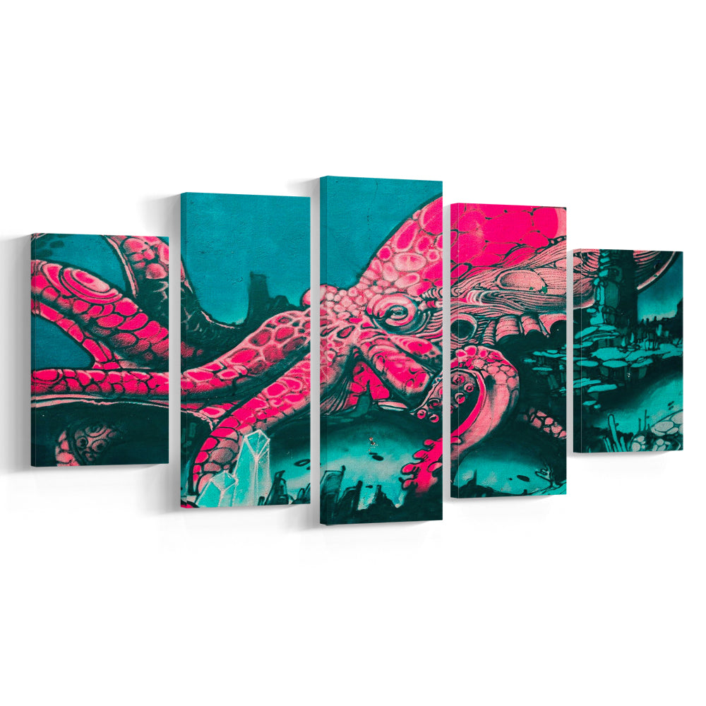 Octopus graffiti street art Octopus Large octopus art, 5 Panel Mixed Canvas Print Wall Art, Large Canvas