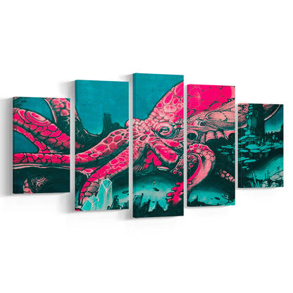 Octopus graffiti street art Octopus Large octopus art, 5 Panel Mixed Canvas Print Wall Art, Large Canvas