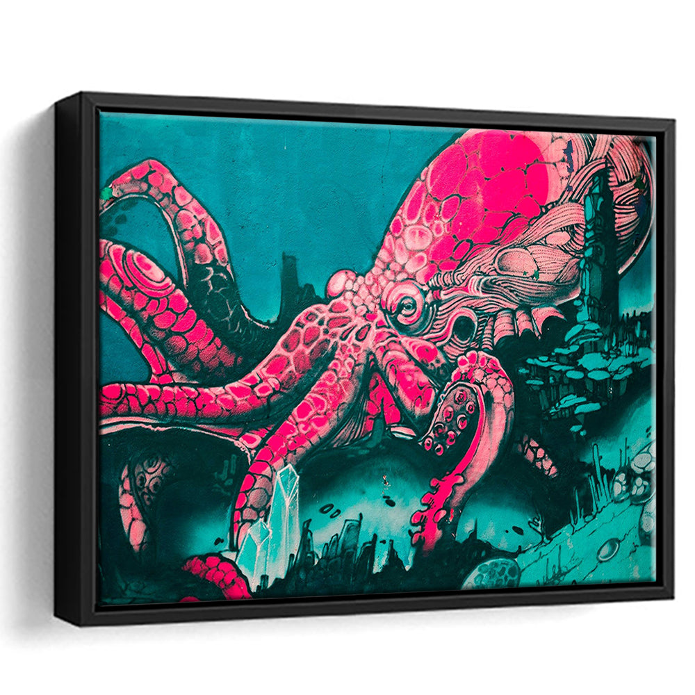 Octopus Graffiti Street Art Octopus Large Octopus Art, Framed Canvas Print Wall Art, Floating Frame
