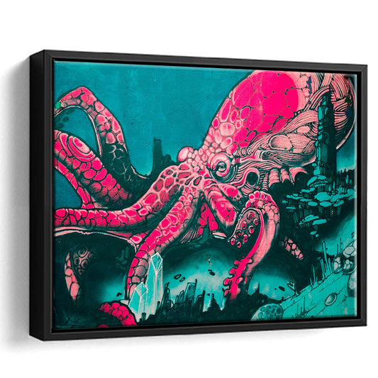 Octopus Graffiti Street Art Octopus Large Octopus Art, Framed Canvas Print Wall Art, Floating Frame