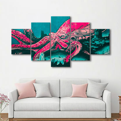 Octopus graffiti street art Octopus Large octopus art, 5 Panel Mixed Canvas Print Wall Art, Large Canvas