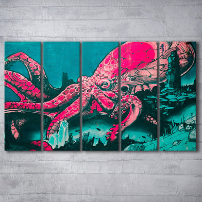 Octopus graffiti street art Octopus Large octopus art, 5 Panel B Canvas Print Wall Art, Extra Large Canvas