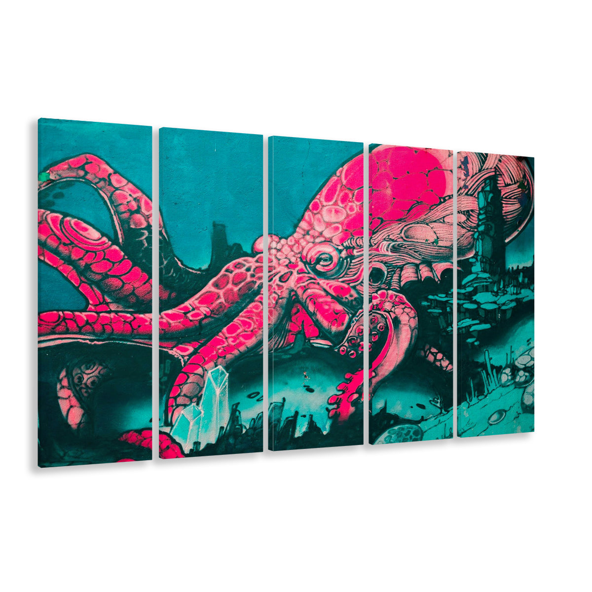 Octopus graffiti street art Octopus Large octopus art, 5 Panel B Canvas Print Wall Art, Extra Large Canvas