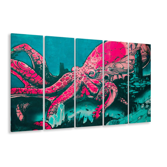 Octopus graffiti street art Octopus Large octopus art, 5 Panel B Canvas Print Wall Art, Extra Large Canvas