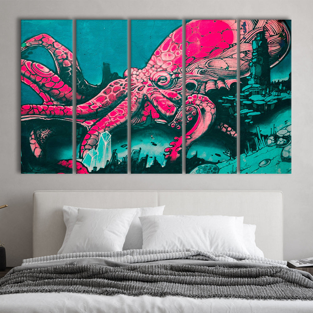Octopus graffiti street art Octopus Large octopus art, 5 Panel B Canvas Print Wall Art, Extra Large Canvas