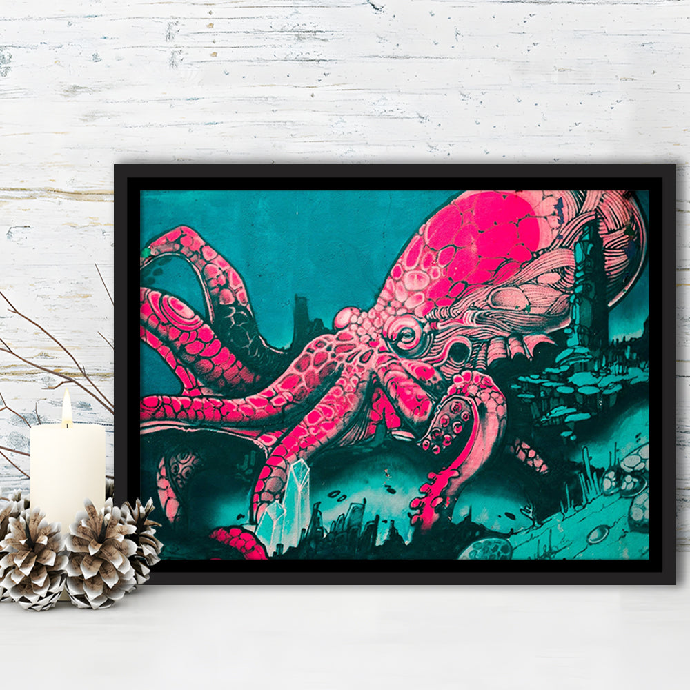 Octopus Graffiti Street Art Octopus Large Octopus Art, Framed Canvas Print Wall Art, Floating Frame