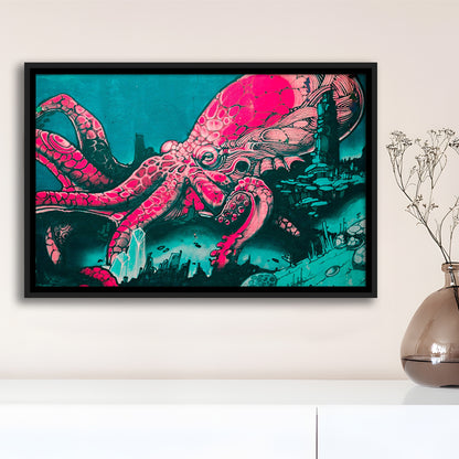 Octopus Graffiti Street Art Octopus Large Octopus Art, Framed Canvas Print Wall Art, Floating Frame