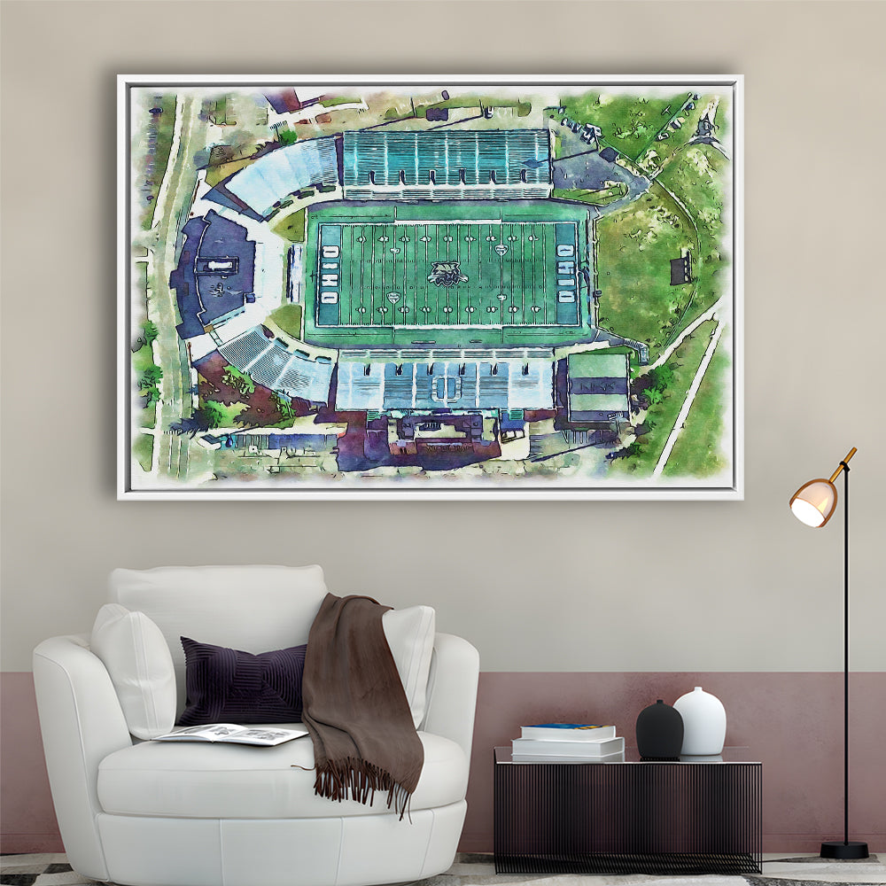 Ohio Bobcats, Don Peden Painting Stadium Watercolor, Sport Gift Art, Framed Canvas Print Wall Art