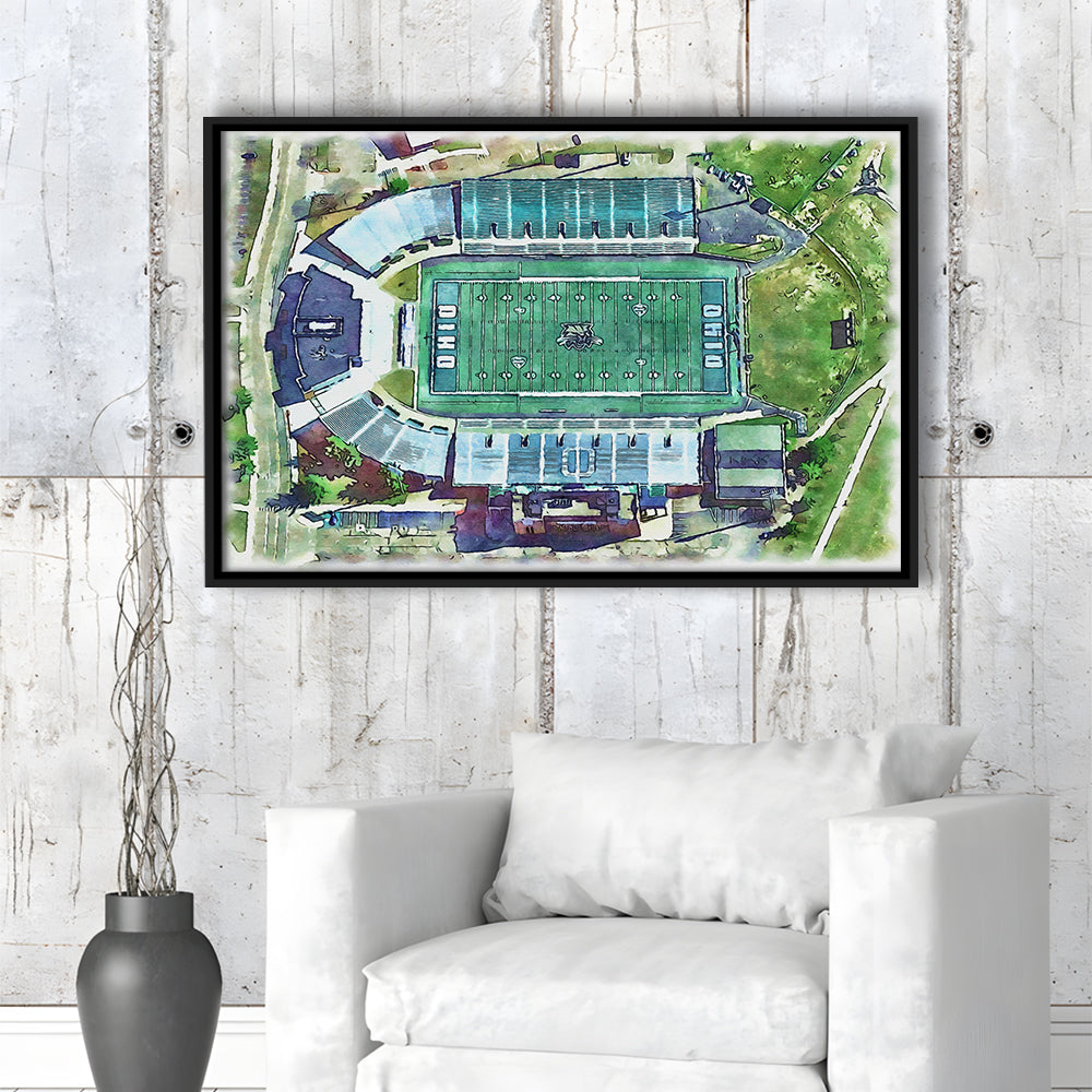 Ohio Bobcats, Don Peden Painting Stadium Watercolor, Sport Gift Art, Framed Canvas Print Wall Art