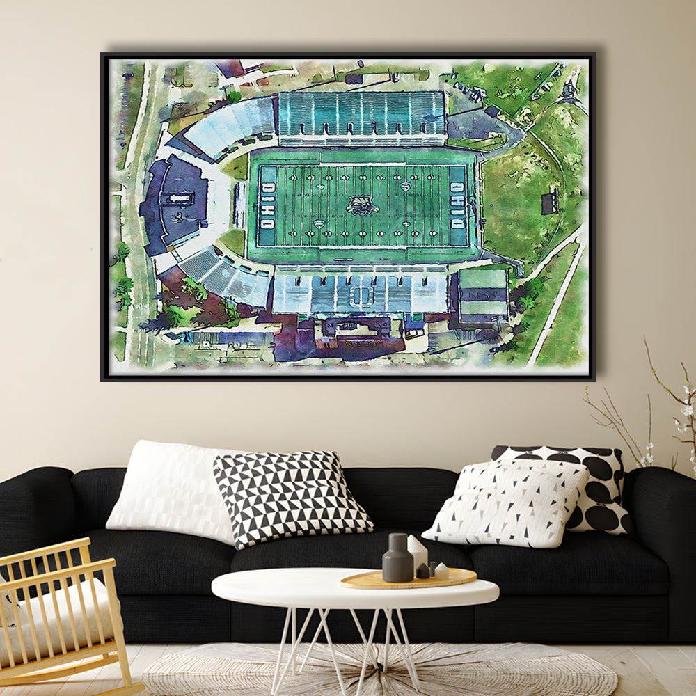 Ohio Bobcats, Don Peden Painting Stadium Watercolor, Sport Gift Art, Framed Canvas Print Wall Art