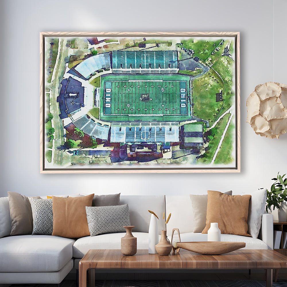 Ohio Bobcats, Don Peden Painting Stadium Watercolor, Sport Gift Art, Framed Canvas Print Wall Art