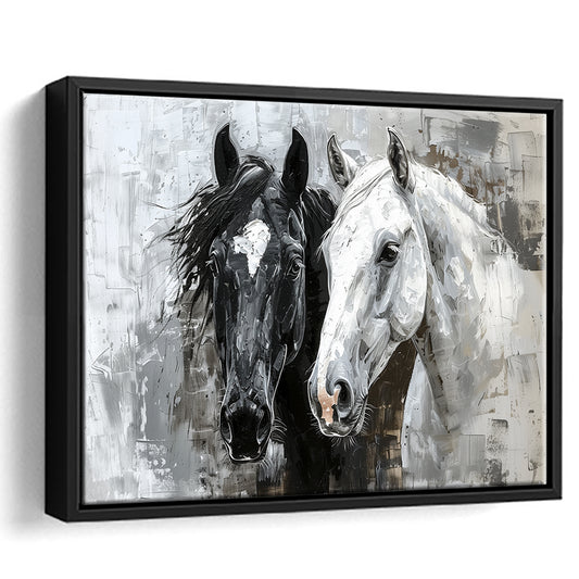 Oil Painting Couple Horse Portrait Black And White V2, Framed Canvas Painting, Framed Canvas Prints Wall Art Decor