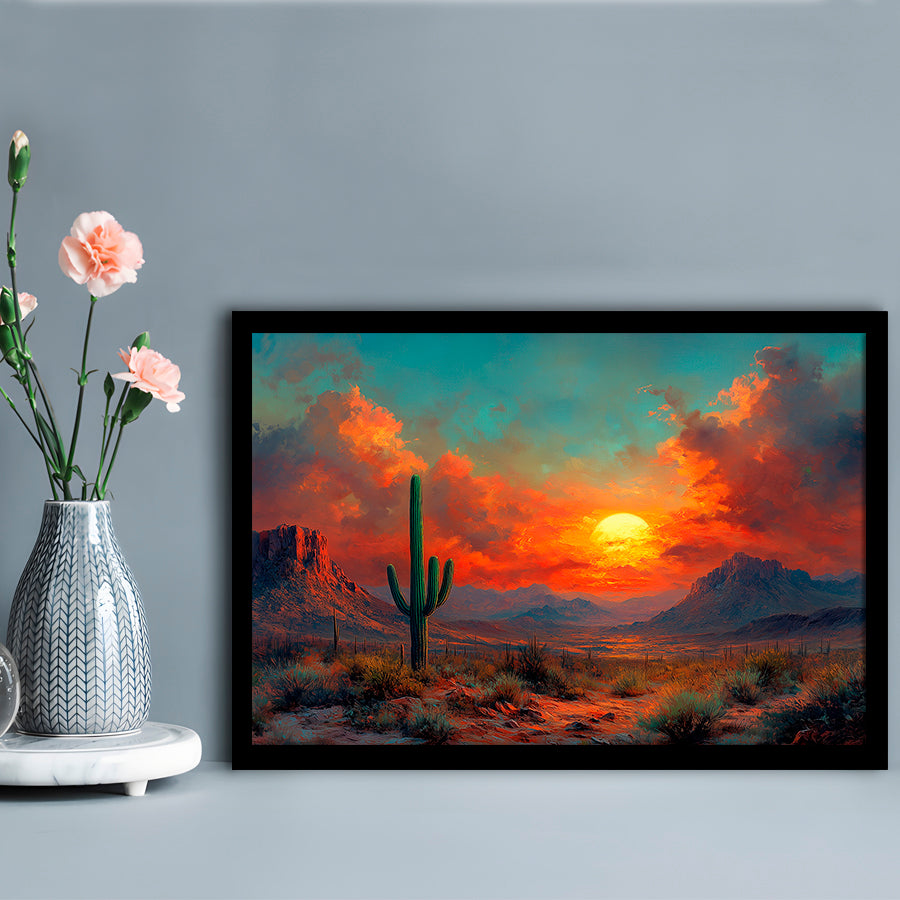 Oil Painting Moody Desert Paintingin Sunset, Framed  Print, Painting Art, Framed Art Print Wall Decor, Framed Picture