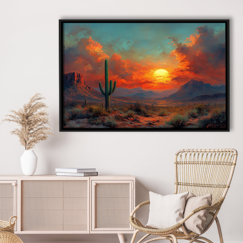 Oil Painting Moody Desert Paintingin Sunset, Framed Canvas Print, Painting Art, Floating Framed Canvas Wall Art