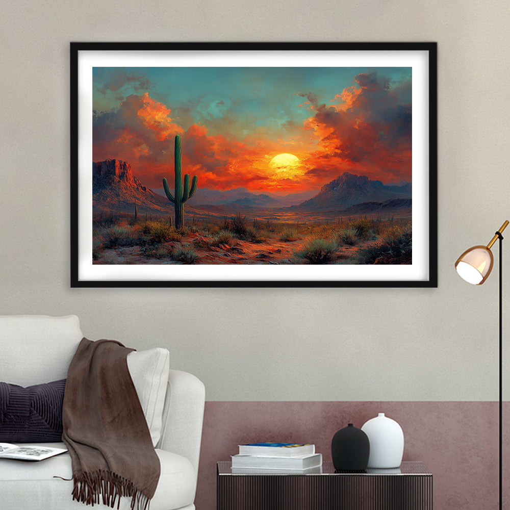 Oil Painting Moody Desert Paintingin Sunset, Framed  Print, Painting Art, Framed Art Print White Border Wall Decor