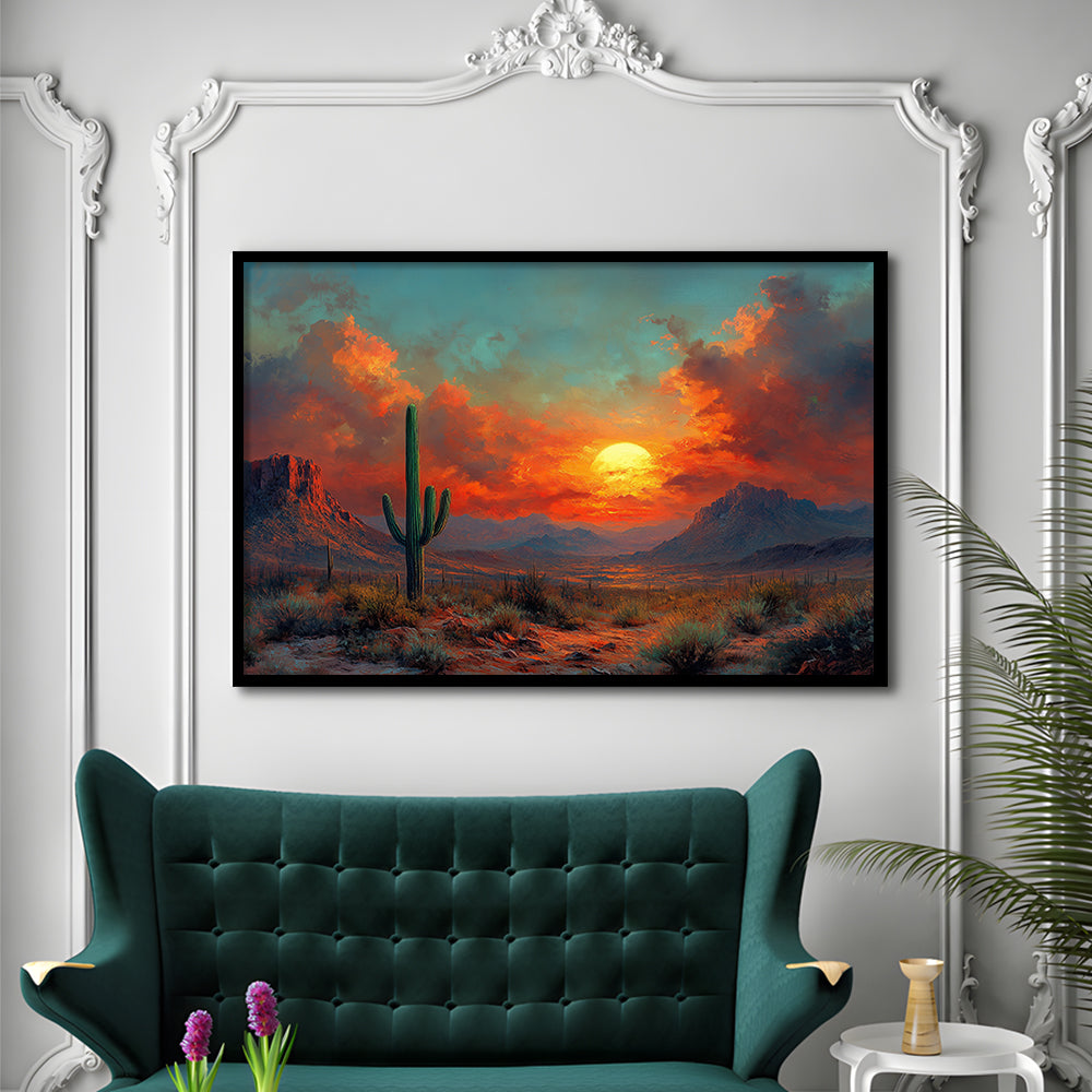 Oil Painting Moody Desert Paintingin Sunset, Framed  Print, Painting Art, Framed Art Print Wall Decor, Framed Picture