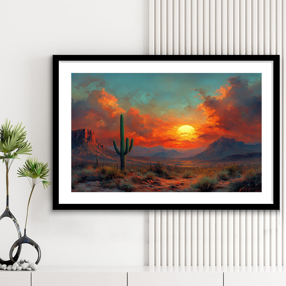 Oil Painting Moody Desert Paintingin Sunset, Framed  Print, Painting Art, Framed Art Print White Border Wall Decor