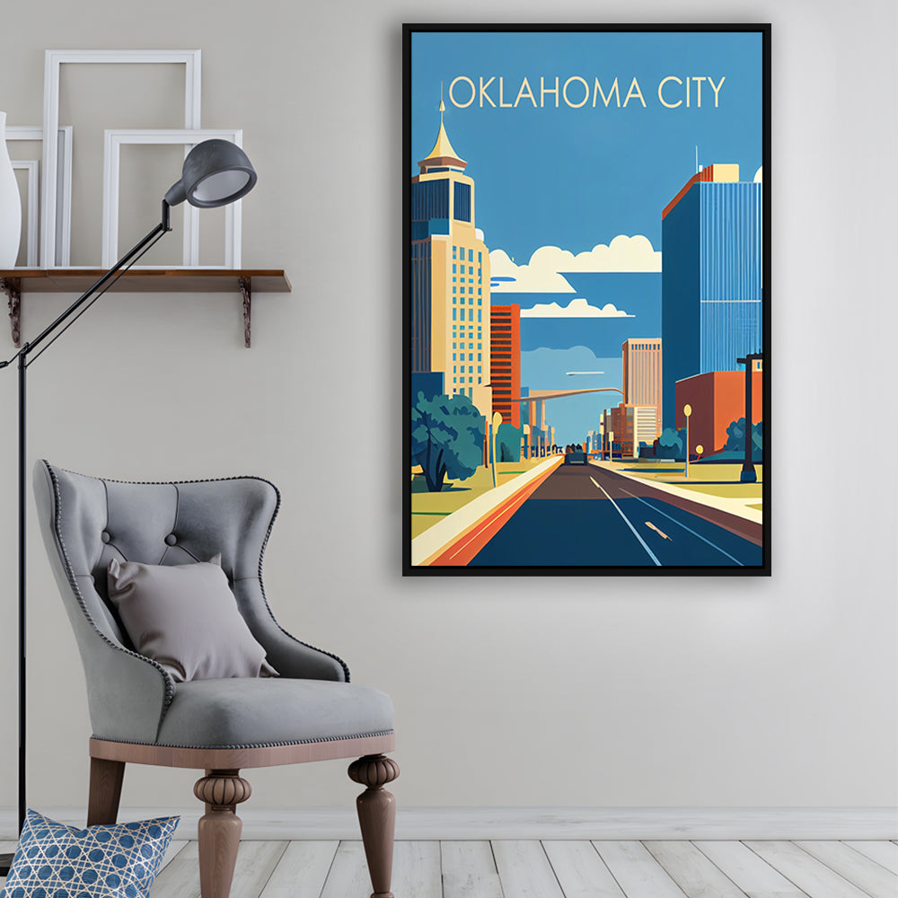 Oklahoma City Retro Art Print, Oklahoma City City Wall Art, Floating Framed Canvas Print, Framed Picture, Painting Canvas