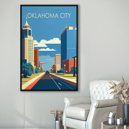 Oklahoma City Retro Art Print, Oklahoma City City Wall Art, Floating Framed Canvas Print, Framed Picture, Painting Canvas
