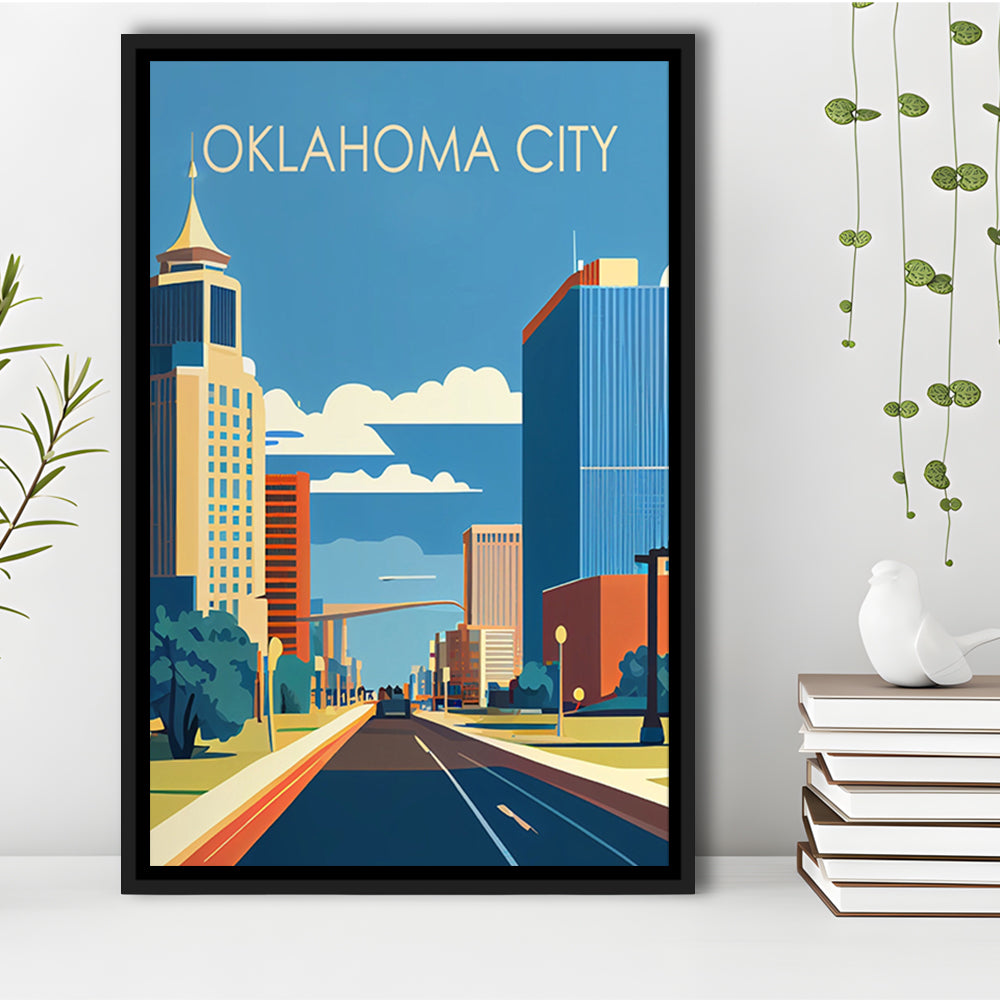 Oklahoma City Retro Art Print, Oklahoma City City Wall Art, Floating Framed Canvas Print, Framed Picture, Painting Canvas