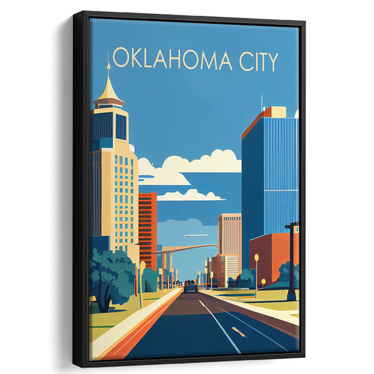 Oklahoma City Retro Art Print, Oklahoma City City Wall Art, Floating Framed Canvas Print, Framed Picture, Painting Canvas