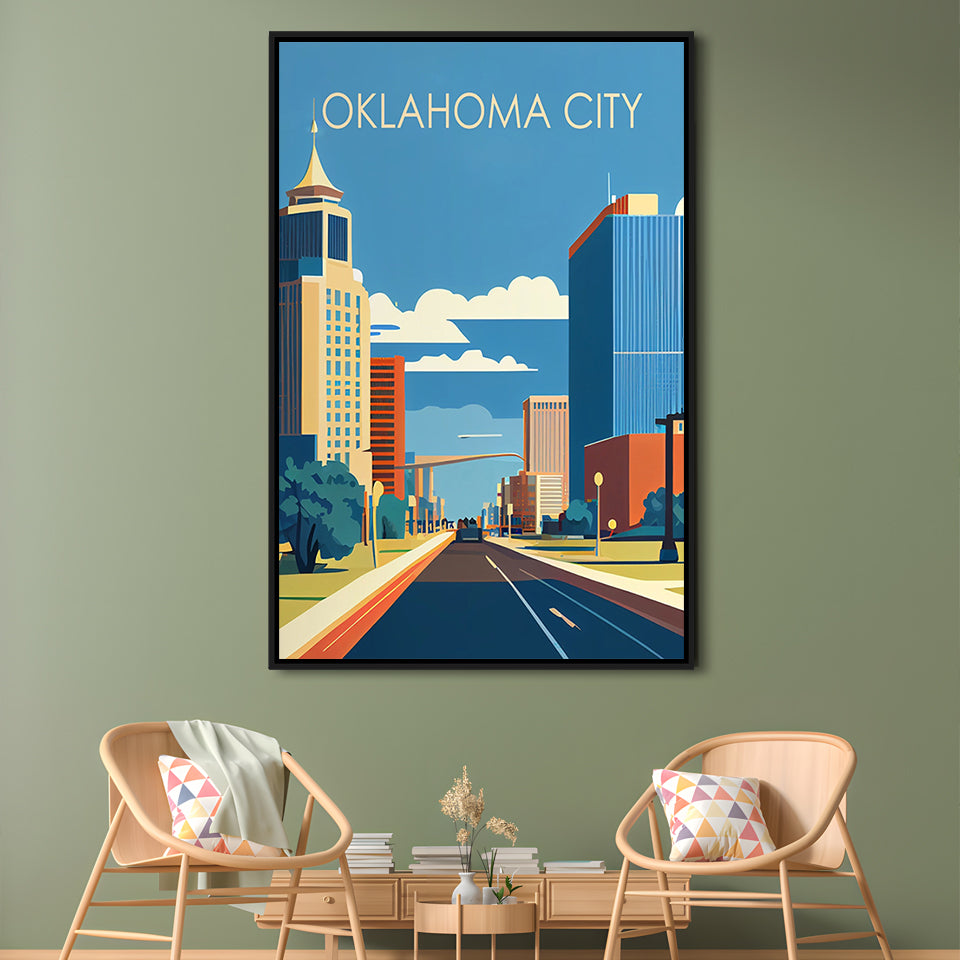 Oklahoma City Retro Art Print, Oklahoma City City Wall Art, Floating Framed Canvas Print, Framed Picture, Painting Canvas