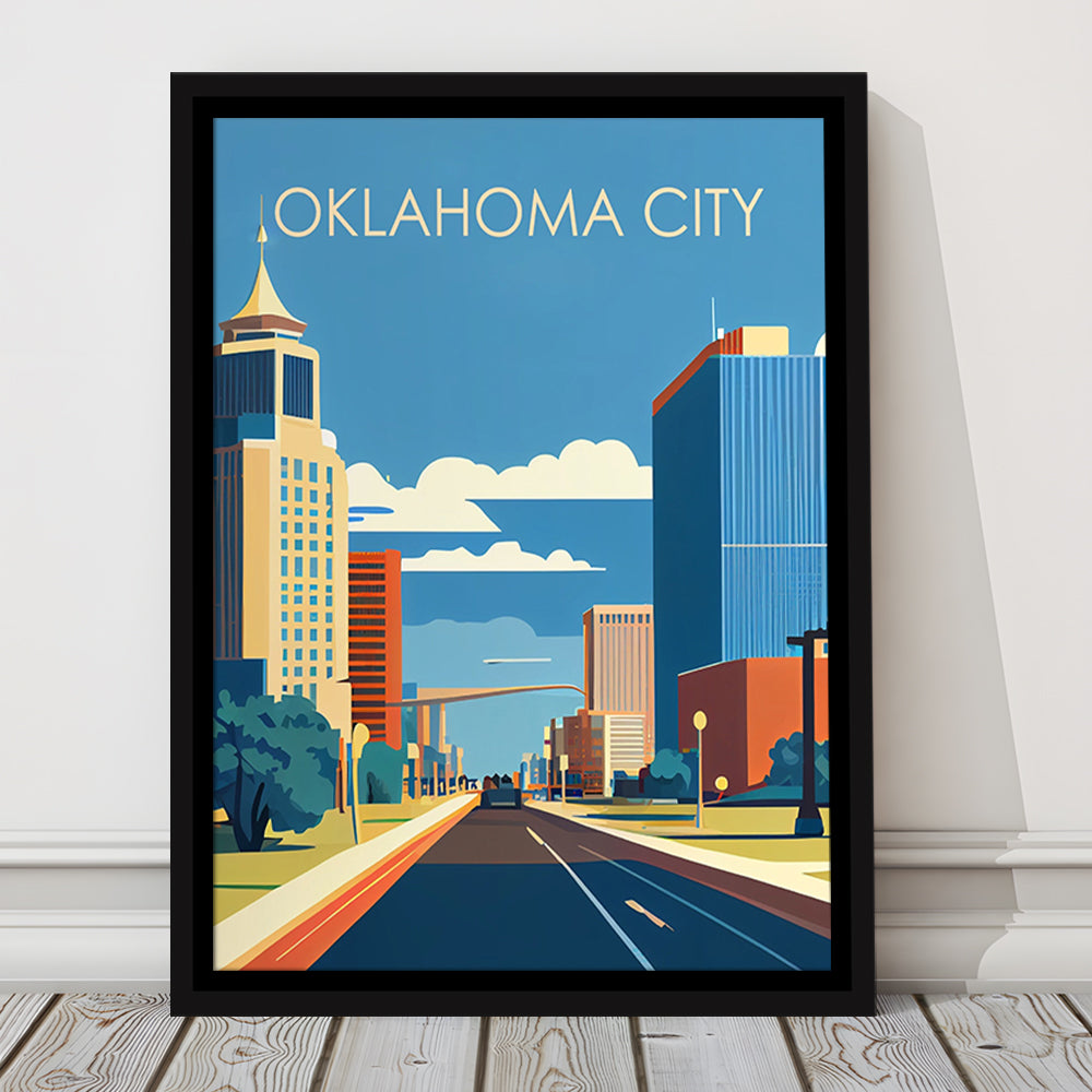 Oklahoma City Retro Art Print, Oklahoma City City Wall Art, Floating Framed Canvas Print, Framed Picture, Painting Canvas