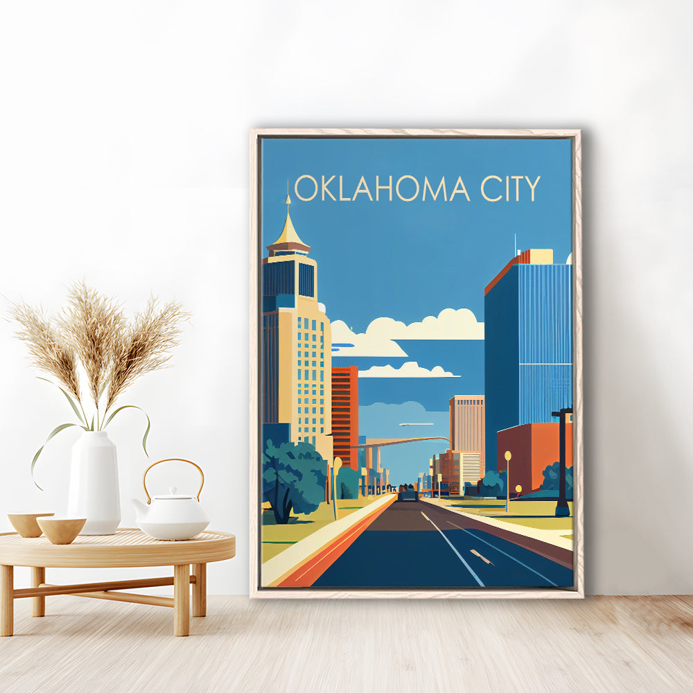 Oklahoma City Retro Art Print, Oklahoma City City Wall Art, Floating Framed Canvas Print, Framed Picture, Painting Canvas