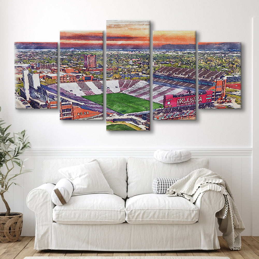 Oklahoma Memorial Stadium, Oklahoma College Painting Stadium, Sport Art, Mixed 5 Panel, Canvas Print Wall Art