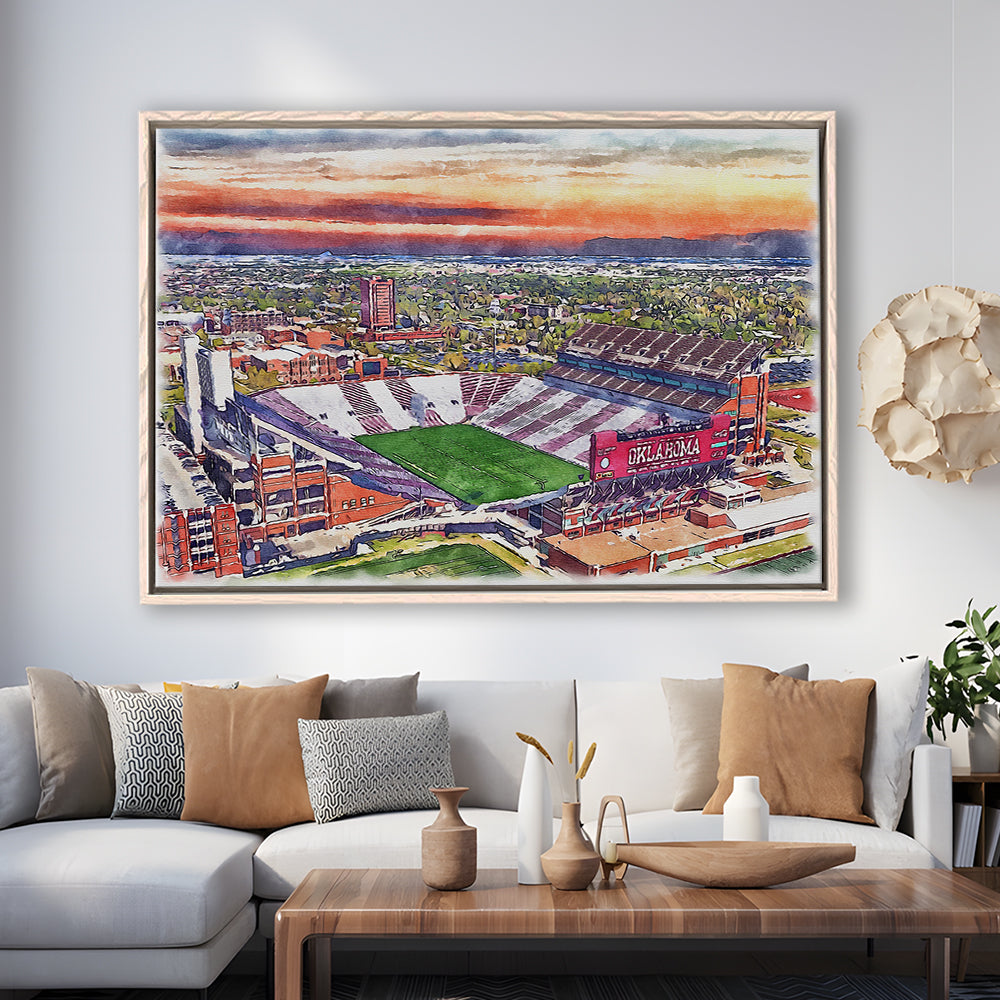 Oklahoma Memorial Stadium, Oklahoma College Painting Stadium, Sport Gift Art, Framed Canvas Print Wall Art