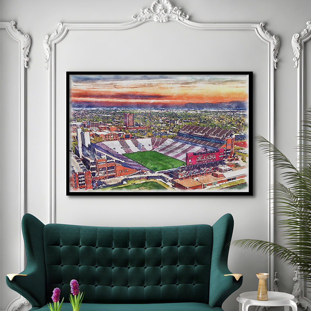 Oklahoma Memorial Stadium, Oklahoma College Painting Stadium, Sport Gift Art, Framed Art Print Wall Decor