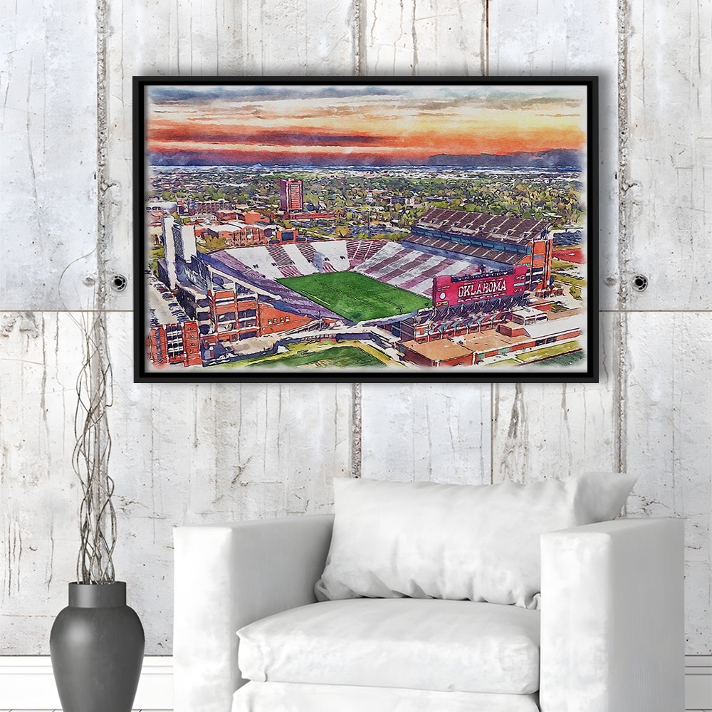 Oklahoma Memorial Stadium, Oklahoma College Painting Stadium, Sport Gift Art, Framed Canvas Print Wall Art