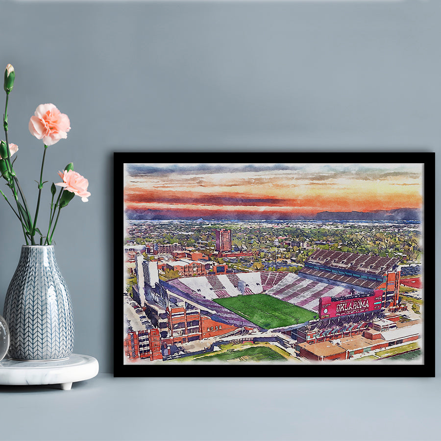 Oklahoma Memorial Stadium, Oklahoma College Painting Stadium, Sport Gift Art, Framed Art Print Wall Decor