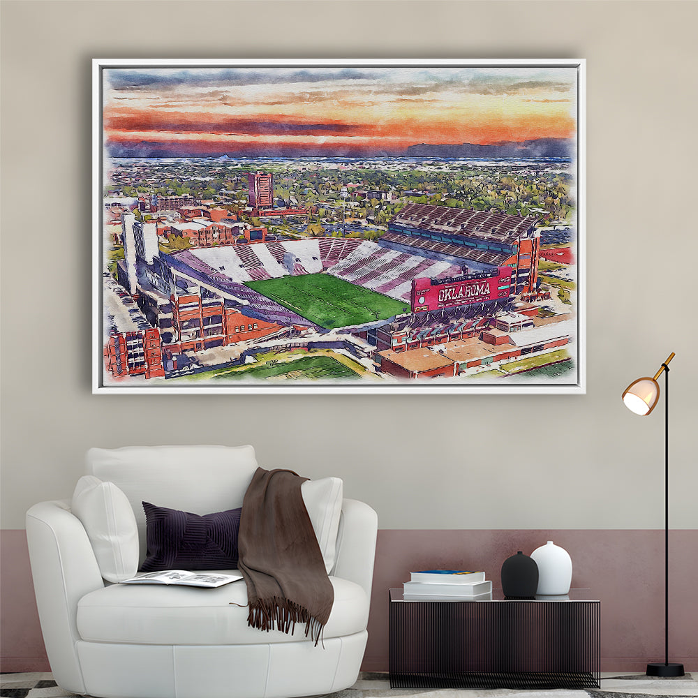 Oklahoma Memorial Stadium, Oklahoma College Painting Stadium, Sport Gift Art, Framed Canvas Print Wall Art