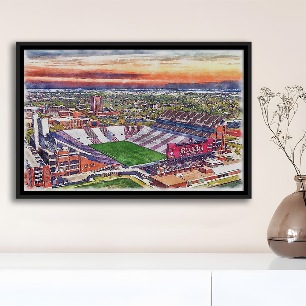 Oklahoma Memorial Stadium, Oklahoma College Painting Stadium, Sport Gift Art, Framed Canvas Print Wall Art